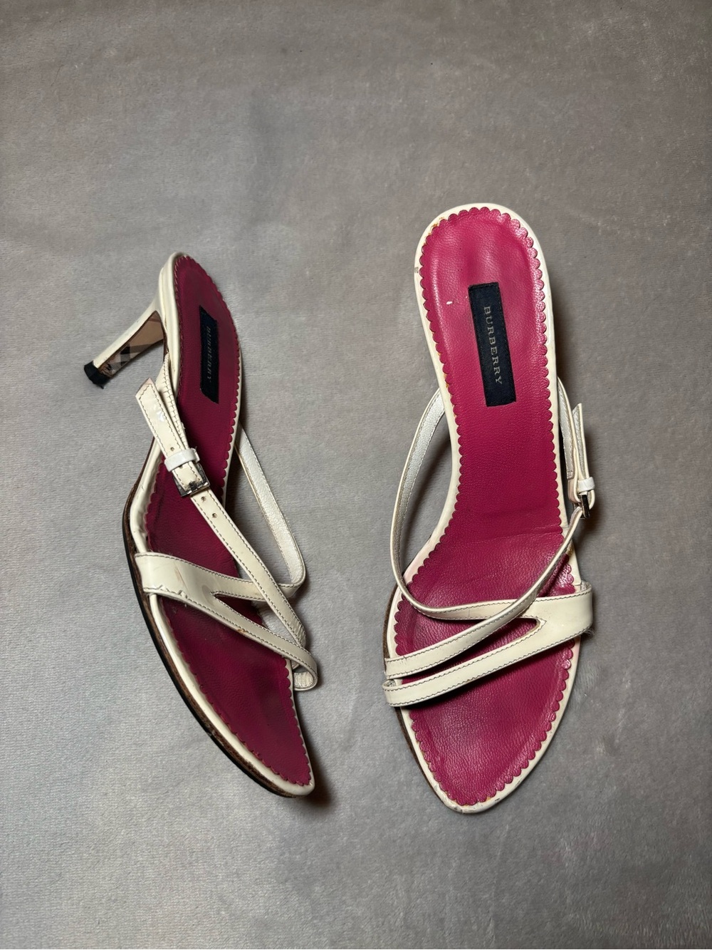 Burberry Vintage White Strappy Kitten Heel Mules